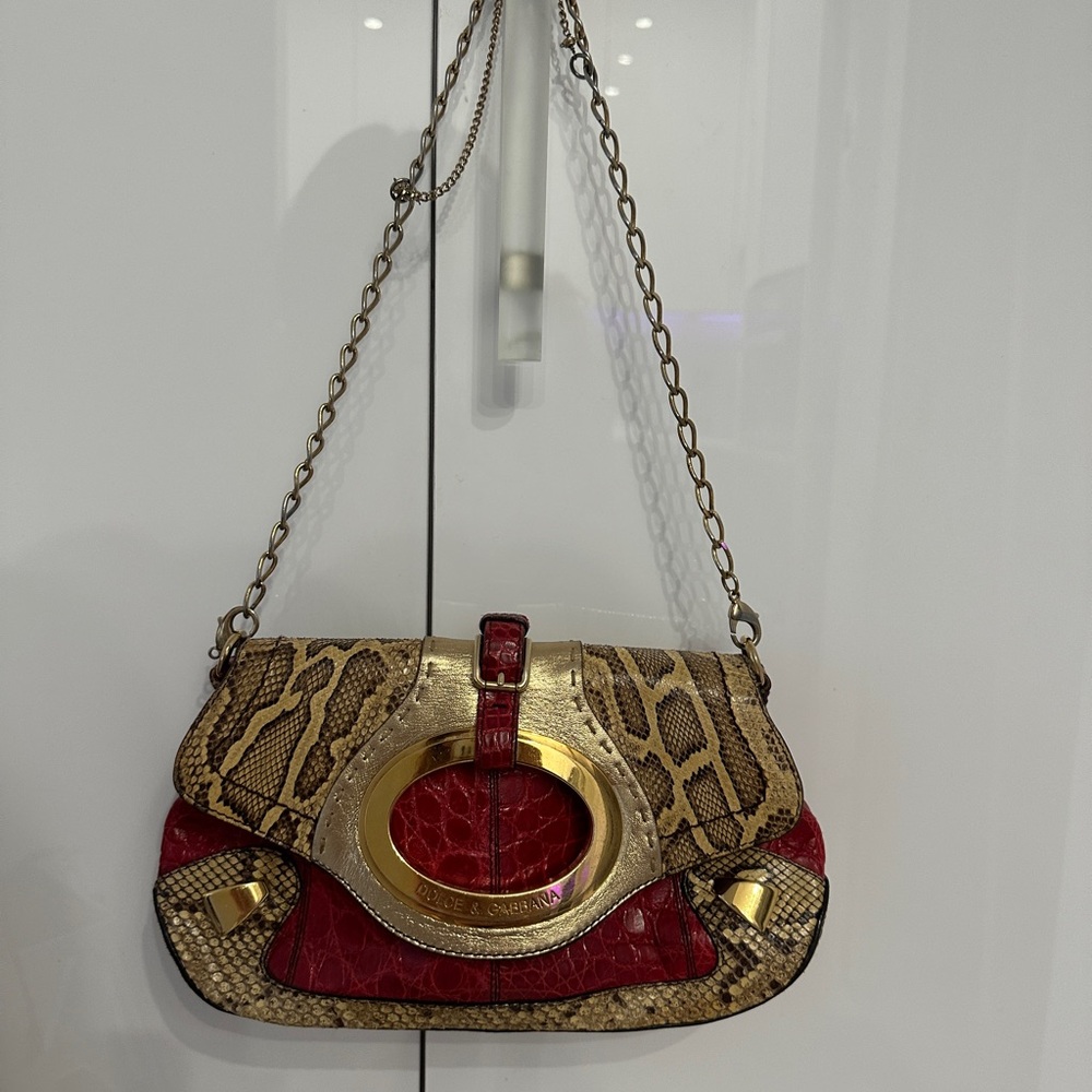 Dolce & Gabbana Red and Beige Snake-Print Shoulder Bag with Gold Hardware